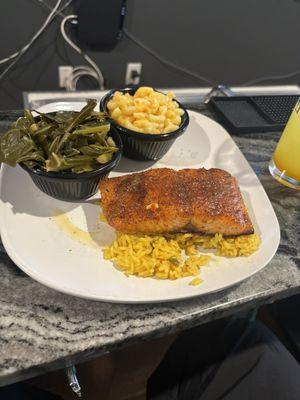 Old Bay Salmon w/ Honey w/Mac N Cheese & Greens