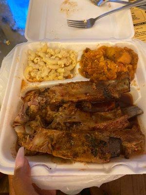 Pork ribs Mac and yams. The Mac is more like wet noodles tho with NO cheese just runny wet noodles