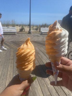 Orange sherbet cone (small) and orange sherbet vanilla twist cone (regular).