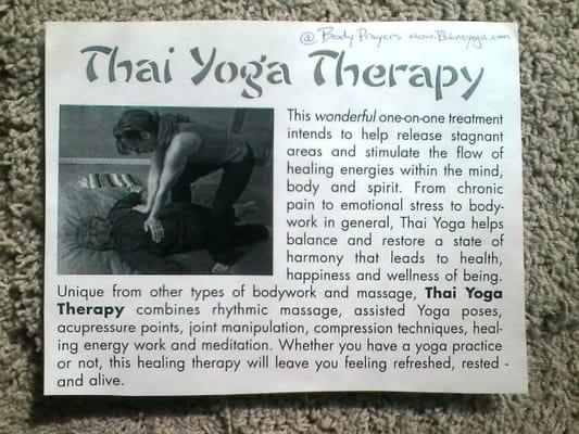 schedule a thai yoga therapy session before or after your class. Assisted stretches will help you gain flexibility faster. 30 mn min