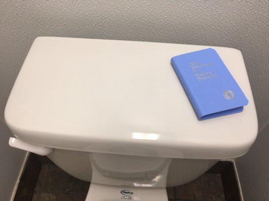 A mini bible on the toilet in the women's rest room. This was a first for me.