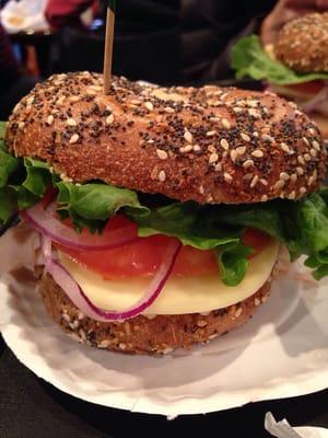 Everything whole wheat with turkey, provolone, hummus, lettuce, tomato and onion