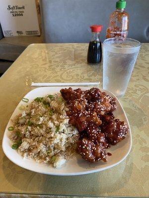 Sesame Chicken and chicken fried rice! MMM good!