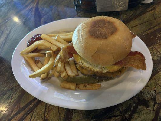 Brunch burger with fries