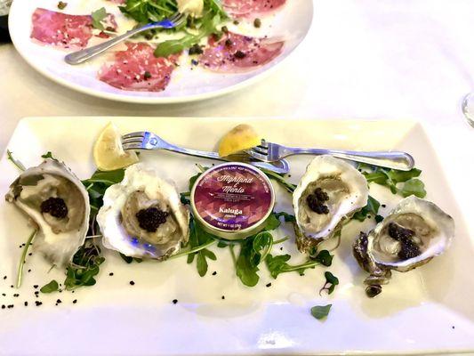 Oysters with Caviar and Wagyu Beef Carpaccio