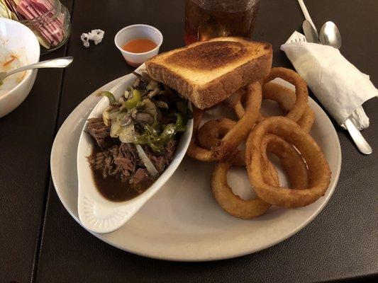 Beef tips and onion rings