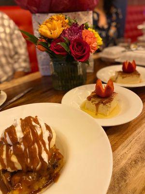 Bread pudding with ice cream and flan