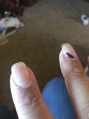 Crooked not to the end of nail. Peeling polish.