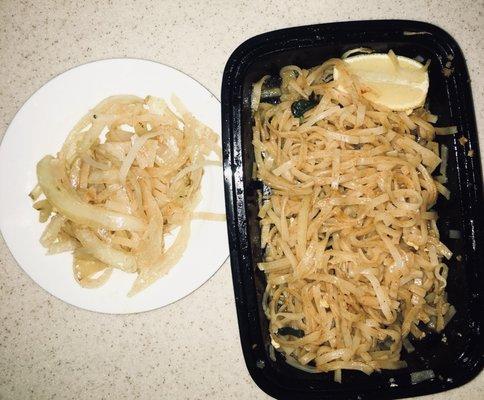 Tasty Pad Thai on the right on the left a disappointing mound of Onions (a non Pad Thai necessity)