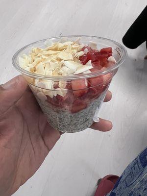 Coconut Chia Pudding, the coconut and strawberry on top was the best part, chia pudding has no taste but mostly for soft texture