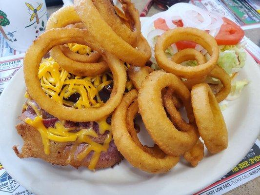 Western burger with onion rings