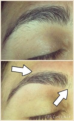 Arrows indicate areas where we are helping client grow out their brows by leaving hair!