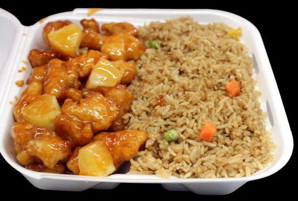 #13.Sweet & Sour chicken/ 
 A. White rice $9. 
 B. Friedrice$10 
 C. Veggie Lo Mein 
     $13. 
 D. Chicken only. 
       S $6  L $9