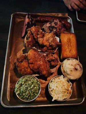 pulled pork, corned beef, fried chicken, sausage. For the sides ordered the cream spinach, coleslaw, mashed potatoes and Cornbread