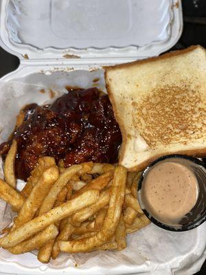 Honey BBQ chicken tenders w/ fries Texas Toast Smacked sauce