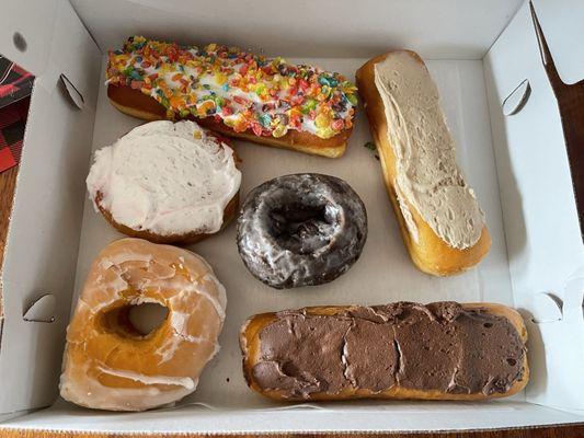 Fruity pebbles, maple long John, raspberry filled, chocolate cake donut, glazed, reg long John