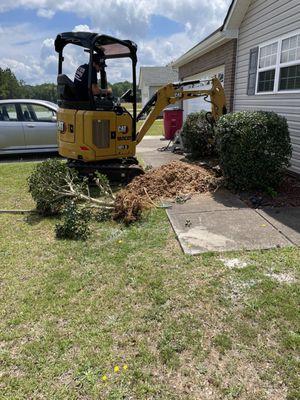 Evan Shedd digging for the sewer drain pipe to be replaced