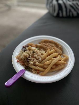 Fried rice, fries and chicken