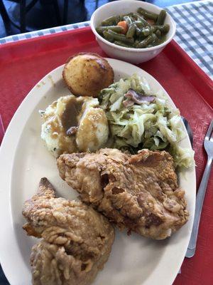 Fried chicken, mashed potatoes, cabbage, green beans