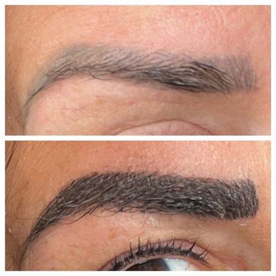 Before, and after of Andrea's brow (and permanent liner seen too in the after photo!)