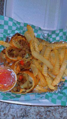 philly steak fried roll with muay thai sauce & fries. so good!!