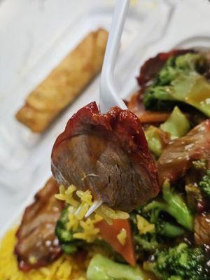 The Roast Pork with Broccoli, with Pork Fried Rice, and an Egg Roll Combination Platter.