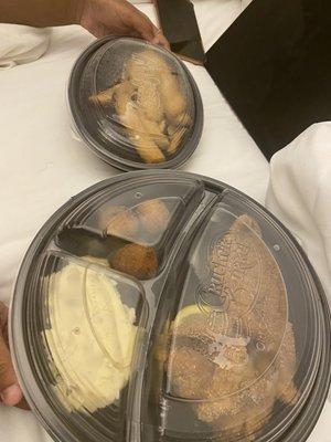 Fried catfish. Mash potatoes and seasoned fries