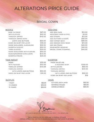 Bridal Gown Alterations Price Guide