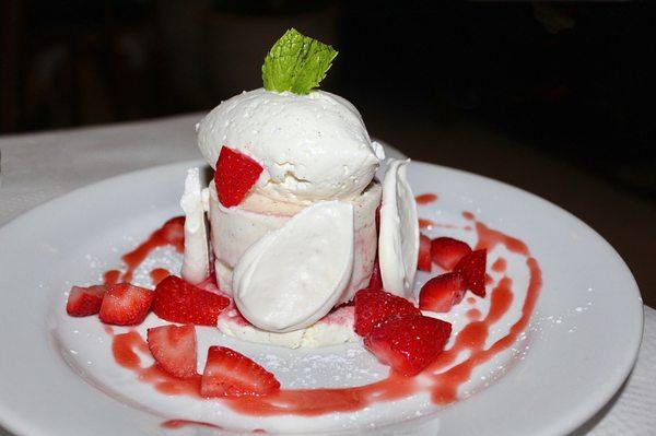 The Vacherin was made with Strawberries, Meringue Tears, coulis, Raspberry Sorbet, Vanilla Ice Cream & Frozen Whipped Cream.