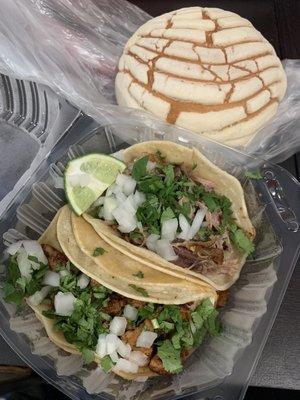 Taco al pastor, Carnitas taco and Concha