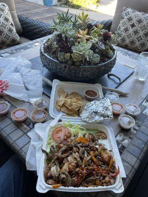 Fajita plate with mixed meats - Chicken, steak and shrimp. I took this one home to eat.