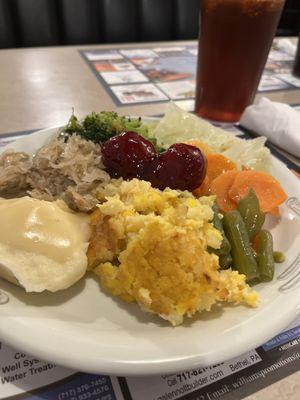 The pork & sauerkraut, beets, carrots, broccoli, mashed potatoes, cabbage, & corn pudding- all so delicious- this plate was empty!