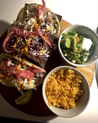 Bellycosos tacos with classic rice & guacamole salad