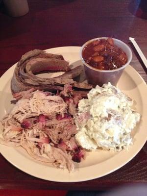 pulled pork, brisket, baked potato salad, baked beans