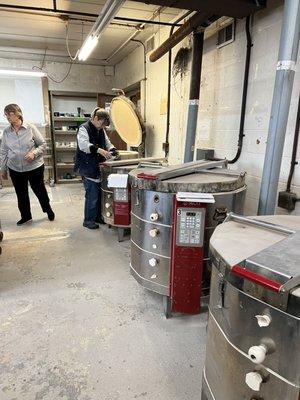 Six electric kilns, usually fired to Cone 6; a gas kiln for Cone 10 reduction firing; an outdoor area for raku and pit firing