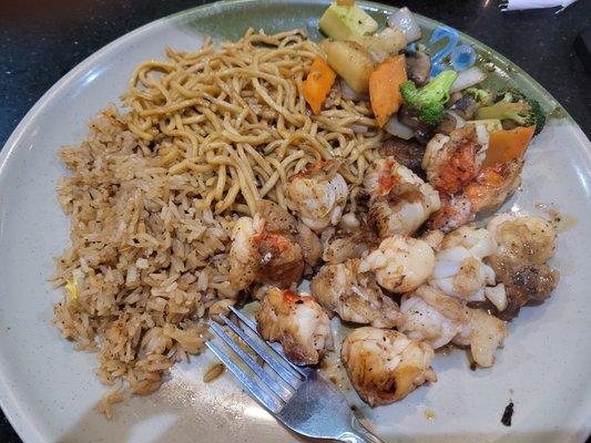 Final meal. Fried rice, fried noodles, veggies, two shrimp, and a chopped up lobster tail.