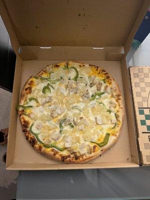 4 cheese  with chicken pineapples and green peppers