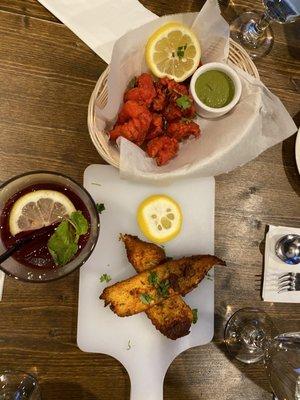 Mint hibiscus iced tea, Spicy Tilapia Fry, and Prawn pakora