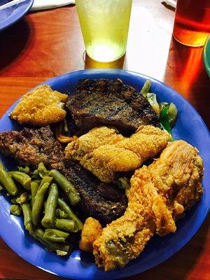 Some of Errryythanng!...Fried Chicken, Brazilian Churrasco Steak, Grilled Peppers & Onions, Beef Short Ribs, Fried Catfish, & String Beans!!