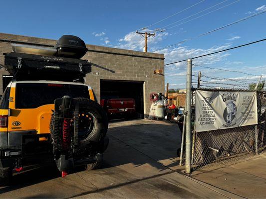 Front of Zack's Garage Tucson; vintage FJ with replaced engine!