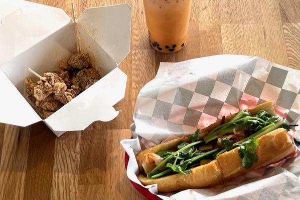 Popcorn Chicken, Bulgogi Bahn Mi, Thai Milk Tea with Boba