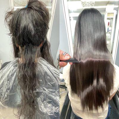 Hair straightening (fizzy and curly hair) makes hair shine and smooth last longer