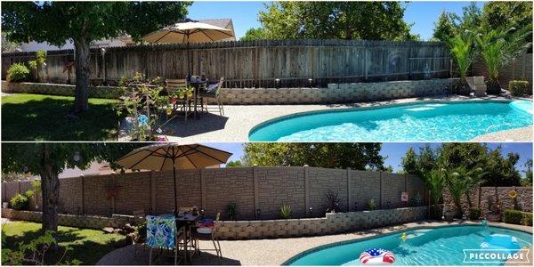 Before and After .....27 year old wood fence and the New Simtek Vinyl Fencing.