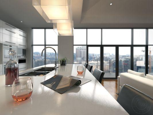 3D Visualization of view from kitchen in high rise condo.