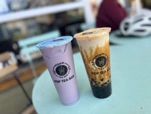 Taro milk tea and black sugar milk tea with those little black balls