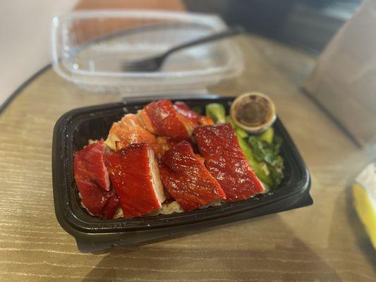 Honey, barbecue pork and honey barbecue chicken with white rice and bok choy