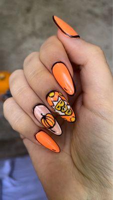 Halloween Pop Art Gel-X Almond Shaped Nails, hand painted by nail artist Christina, trendy and fun!