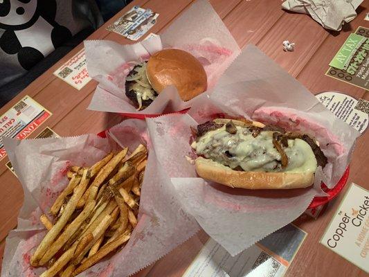 Cheesesteak, char burger, fries