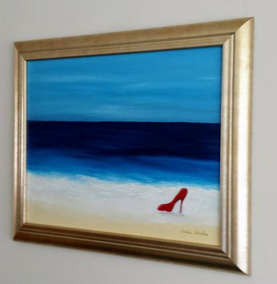 "Red Shoe" 20x16 varnished and framed acrylic painting.