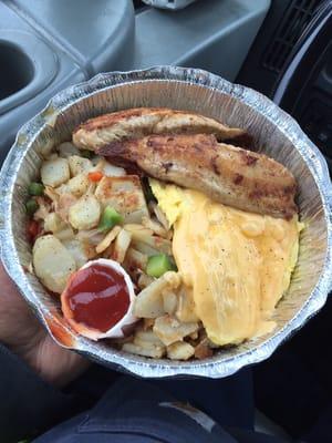 Egg with cheese, grilled tilapia and home fries